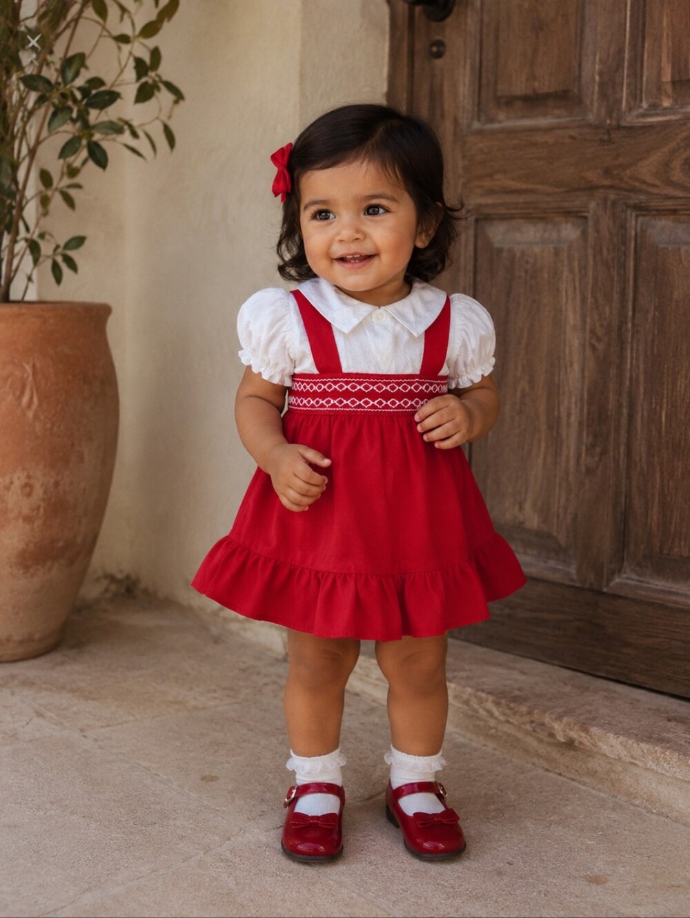Vintage Toddler Christmas Pinafore Dress Red Velvet Jumper White Blouse 12-18M